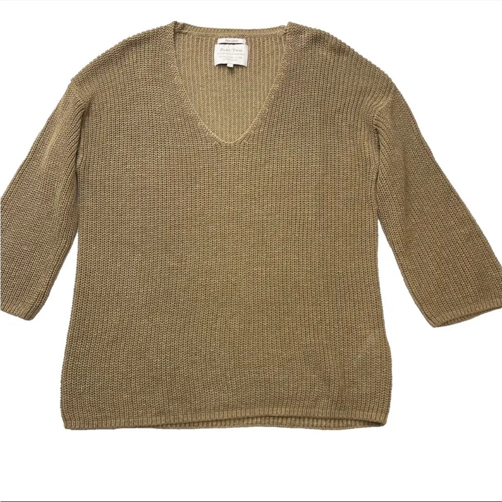 Part Two Pure Linen V-Neck Sweater Top 3/4 Sleeve Size S Brown